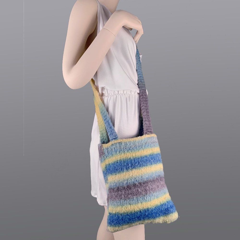 Vintage 90s Pastel Stripe Fuzzy Crossbody Purse Wooly Large Hippie Tote